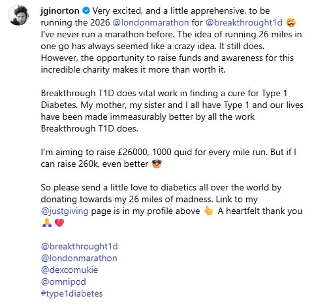 Very excited, and a little apprehensive, to be running the 2026 @londonmarathon for @breakthrought1d', he shared on Instagram