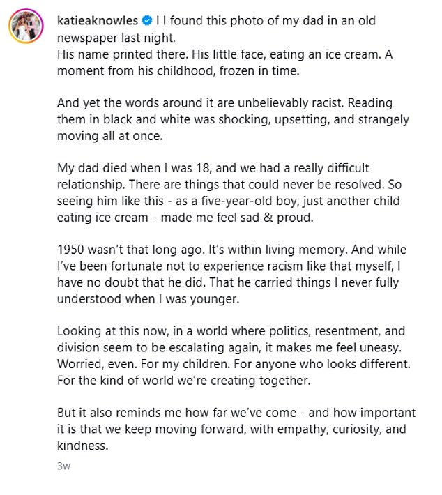 Katie recently shared an old newspaper cutting of him from when he was a child with her some 100,000 Instagram followers - and her thoughts (pictured) about it