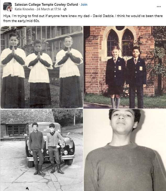 Katie also shared pictures of her father as a schoolboy in uniform just last month, asking members of a Facebook group (pictured) for alumni of the school for information about him