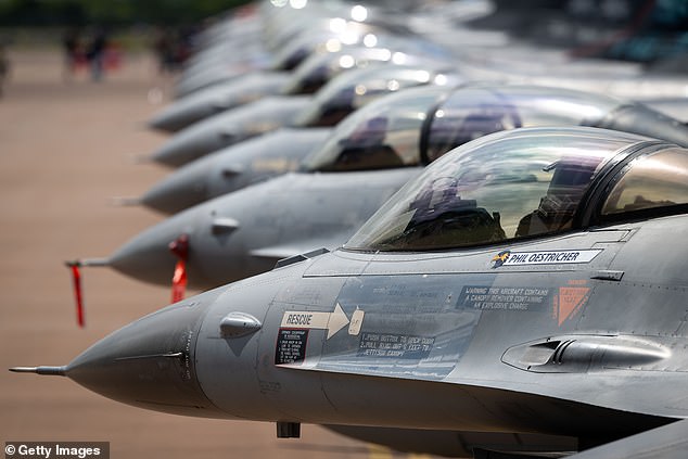 A row of F-16 Fighting Falcon jets during the Royal International Air Tattoo on July 21, 2024 in Fairford, England