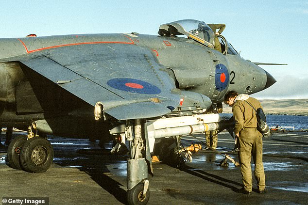Pictured: A Sidewinder missile on a British Sea Harrier aircraft landing on HMS Fearless L10 during the Falklands War 1982