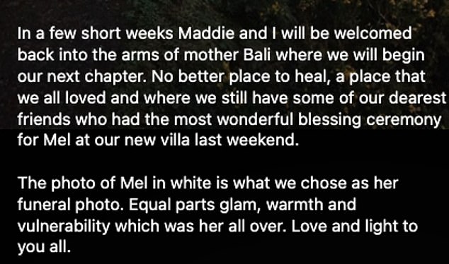 he penned 'Hey everyone. Thanks so much for all the messages of support over the past month since our girl¿s passing, Maddie and I have drawn enormous strengthit'