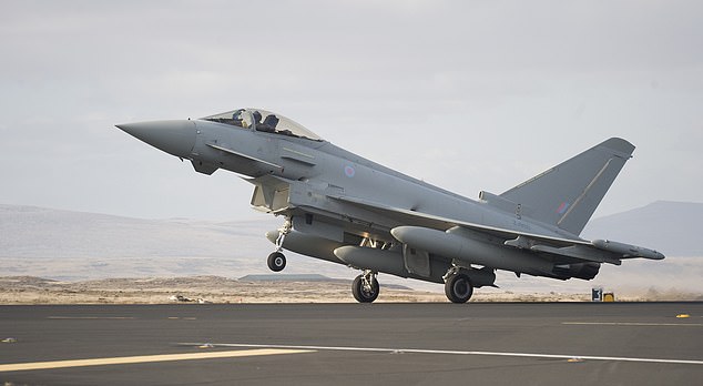 A Typhoon jet landing in the Falklands. The  lack of the Voyager potentially means RAF Typhoons could not do around-the-clock air patrols for the 1,600 mile round trip to South Georgia