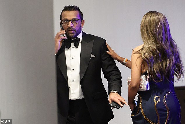 FBI Director Kash Patel seen moments after a gunman opened fire at the dinner on Saturday night