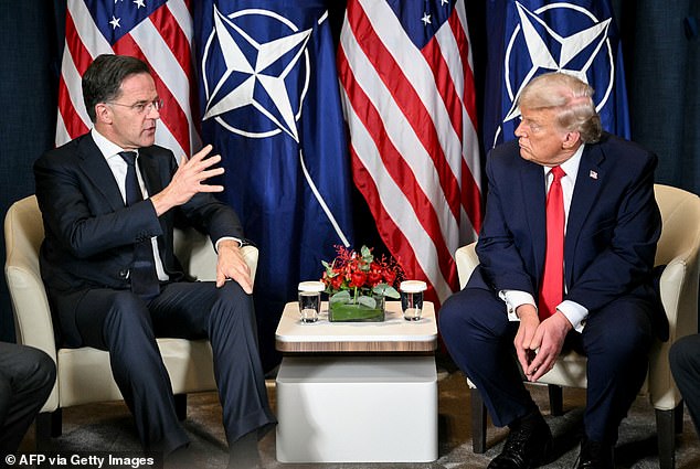 Mr Rasmussen has suggested expanding the Coalition of the Willing following President Trump's expression of 'doubts' about his commitment to Nato and Article 5. President Trump (right) pictured with NATO's Secretary-General Mark Rutte (left)