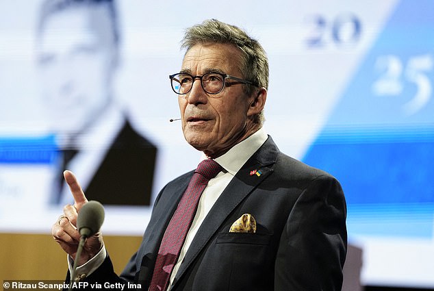 Mr Rasmussen (pictured) also argued Europe should not be reluctant to support Mr Trump's war in Iran, suggesting it could offer to help secure the reopening of the Strait of Hormuz in exchange for a reduction in US trade tariffs