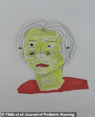 One alarming example depicts an old woman with green-tinged skin and countless wrinkles across her face and neck