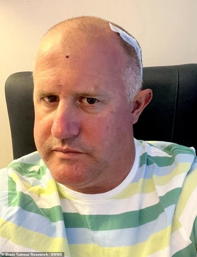 Mr White is seen here after his August 2023 operation. He had flown back to the UK for scans at Bedford Hospital where it was revealed he had a glioblastoma