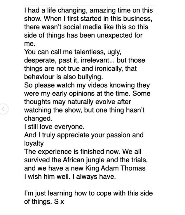 Sinitta has now shared a new statement saying that the word 'bully' is a very serious accusation - but did insist that she was happy that Adam won in the end