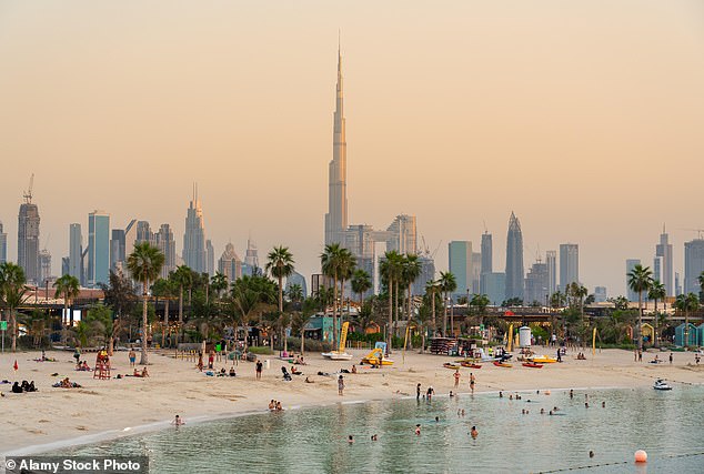 The Burji Khalifa and downtown Dubai from the beach along Jumeira Public Beach is pictured