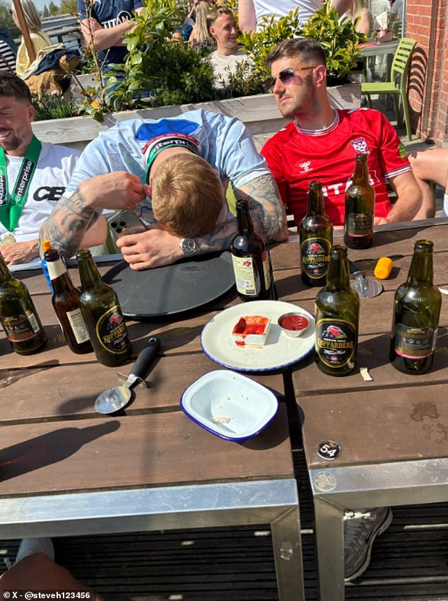 Heroic goalscorer, Josh Stones (centre), was looking worse for wear by Sunday afternoon