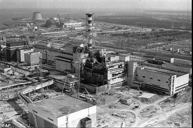 There were 134 cases of acute radiation syndrome in people onsite and involved in the cleanup, which led to 28 deaths. Pictured: The Chernobyl nuclear site as seen in 1986