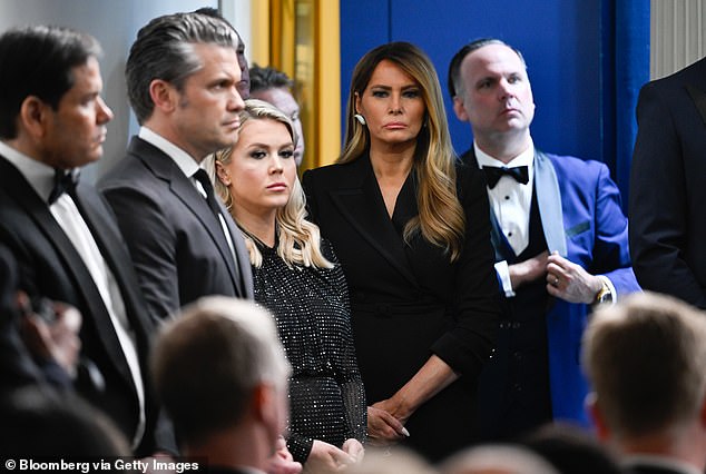 Marco Rubio, US secretary of state, from left, Pete Hegseth, US secretary of defense, Karoline Leavitt, White House press secretary, and US First Lady Melania Trump during a news conference in the James S. Brady Press Briefing Room of the White House in Washington, DC, US on Saturday, April 25, 2026