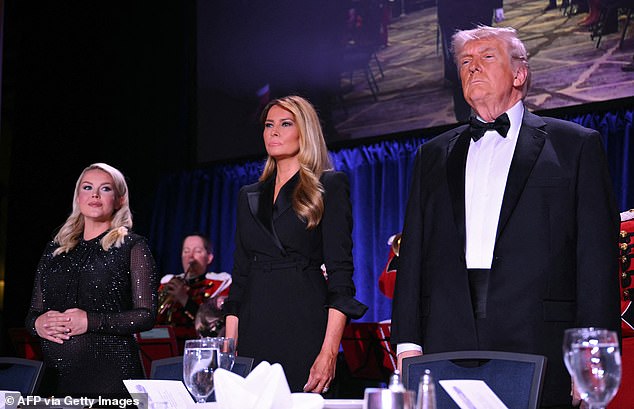 White House Press Secretary Karoline Leavitt, US First Lady Melania Trump and US President Donald Trump attend the White House Correspondents' dinner at the Washington Hilton in Washington, DC, on April 25, 2026