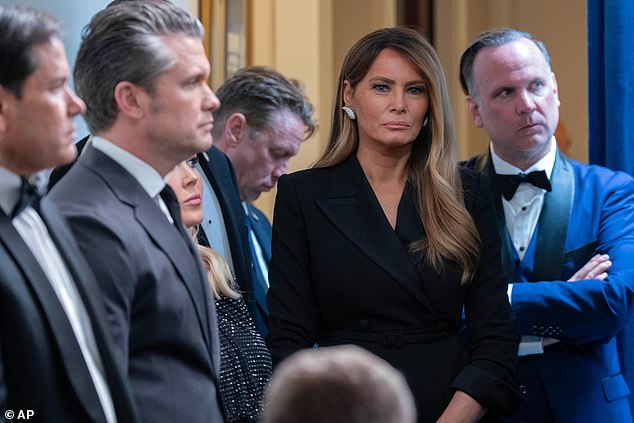 Melania Trump seen with Secretary of State Marco Rubio, Defense Secretary Pete Hegseth and White House Deputy Chief of Staff Dan Scavino as the president speaks after the shooting