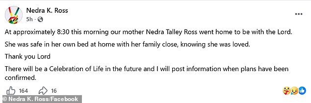The Phil Spector protégée's passing was first announced by her daughter Nedra K. Ross