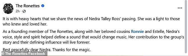 'Her contribution to the group's story and their defining influence will live forever. Rest peacefully dear Nedra. Thanks for the magic'