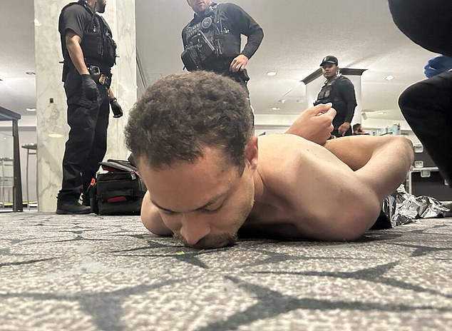 President Trump shared this dramatic image of the shirtless alleged shooter, 31-year-old Cole Tomas Allen, after he was taken down by law enforcement