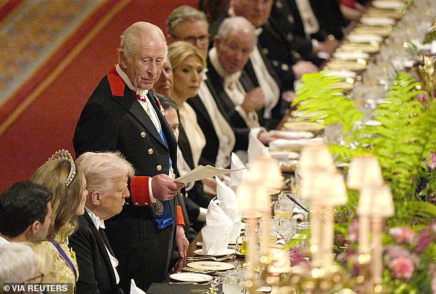Trump listens as Britain's King Charles speaks during the state banquet at Windsor Castle, Berkshire, on day one of Trump and Melania's second state visit to the UK last year