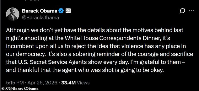 Obama posted to X on Sunday that 'we don't yet have the details about the motives behind last night's shooting'