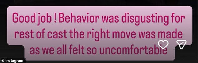 Gemma made her feelings clear, sharing the video and making her feelings clear by writing: 'Good job. Behaviour was disgusting for the rest of the cast right move was made as we all felt so uncomfortable'