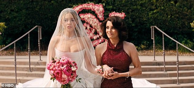 The bride stressed about her vomiting groom never coming home the night before and her mother Suze (Alanna Ubach) walked her down the aisle while recalling her own 'naive' nuptials to a 'brutal' man, warning her 'masterpiece' daughter: 'Not a mistake you can fix'