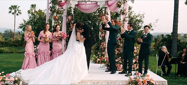 Rings were exchanged - but no vows - as the couple said 'I do' and passionately kissed after he forced her to delete the raunchy OnlyFans account that allowed her to pay for their $50,000 floral arrangements