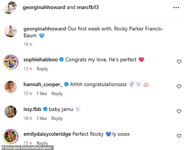 Announcing they had welcomed their little one they shared a clip of him in an adorable baby grow and penned: 'Our first week with, Rocky Parker Francis-Baum'