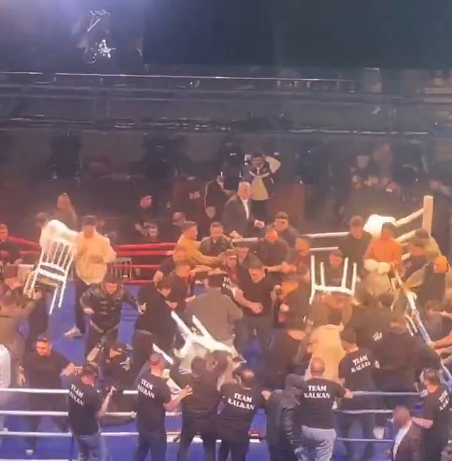 Several people from both the Russian and Turkish groups began clambering into the ring before it became swarmed with bodies