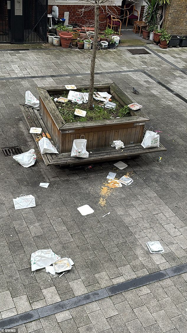 Pictured: The remnants of takeaway meals bought by punters at Lebanese Grill littered on the ground nearby