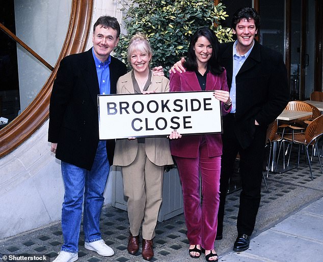 Bryan's violent Brookside character Trevor (Left) was famously buried under the patio after being murdered by his wife (Sandra Maitland) and daughter (Anna Friel) whom he abused: Pictured; Murray, Sandra Maitland, Claire Sweeney and Sam Kane on set in 1997