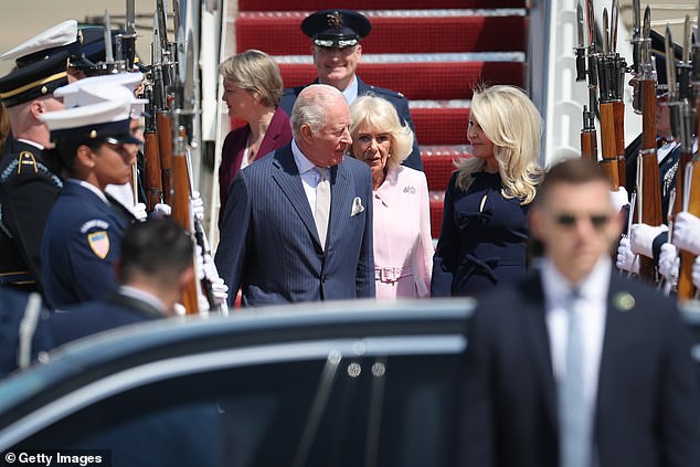 The royals were greeted by US Chief of Protocol Monica Crowley after landing
