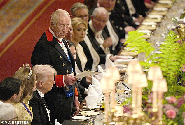Trump listens as Britain's King Charles speaks during the state banquet at Windsor Castle, Berkshire, on day one of Trump and Melania's second state visit to the UK last year