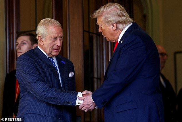 Trump shakes hands with Britain's King Charles, as Trump departs Windsor Castle during his last visit