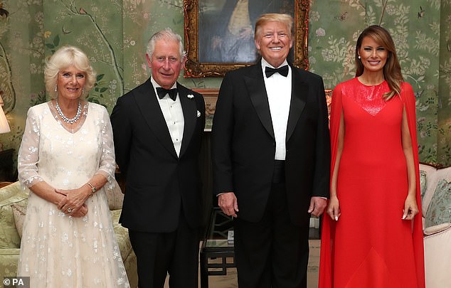 A flashback to June 2019, inside Winfield House in London. Melania Trump pictured in a  floor length scarlet Givenchy gown to host a reciprocal dinner for the British Royal Family during their first term in office