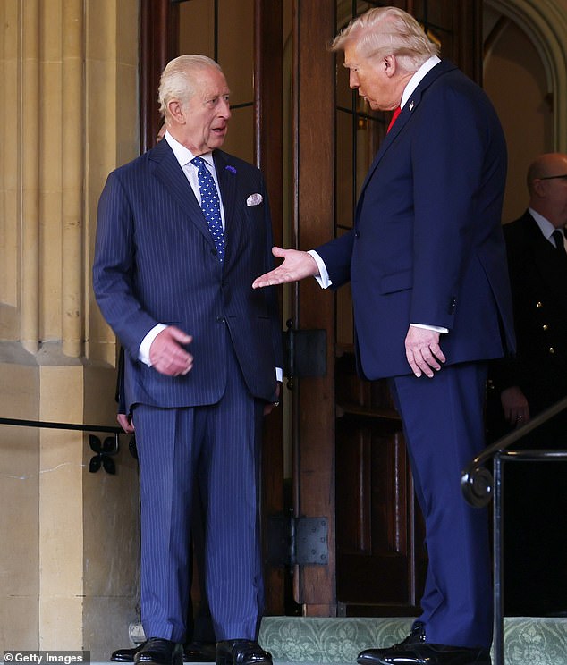 President Donald Trump bids farewell to King Charles III at Windsor Castle during the State visit by the President of the United States of America on September 18, 2025