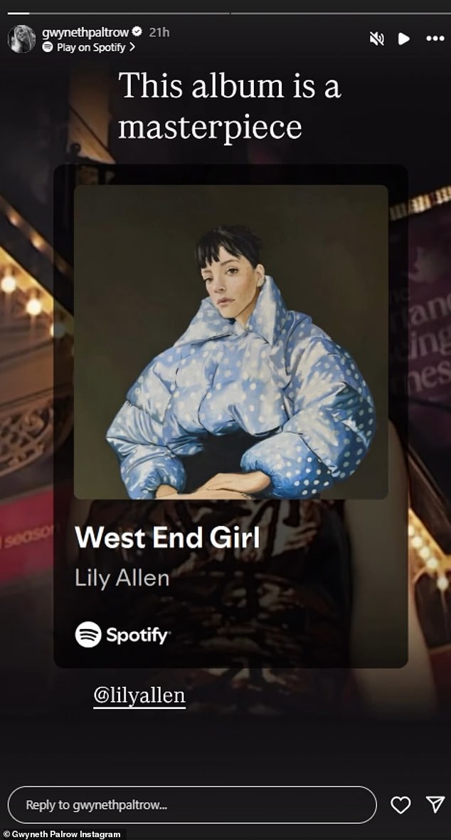 The actress previously branded Lily's comeback album inspired by her turbulent split from husband David Harbour  as a 'masterpiece'