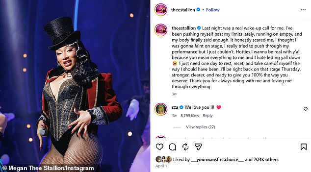 'Last night was a real wake-up call for me. I've been pushing myself past my limits lately, running on empty, and my body finally said enough,' the native Texan wrote of her health scare. 'It honestly scared me. I thought I was gonna faint on stage, I really tried to push through my performance but I just couldn't'