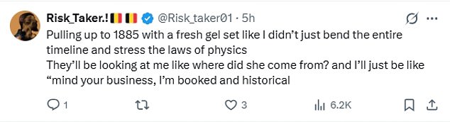 One hilarious X message wrote as though Millie was arriving at a nail salon in the future, with the user writing: 'Pulling up to 1885 with a fresh gel set like I didn’t just bend the entire timeline and stress the laws of physics'