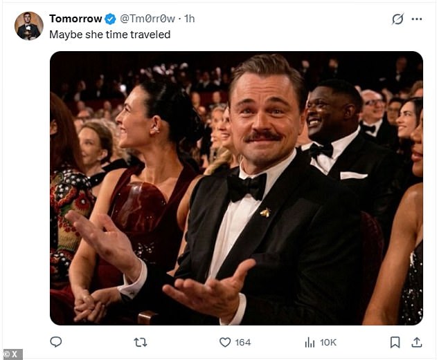 A photo of Leonardo DiCaprio smirking and shrugging at the Oscars was shared alongside the joke: 'Maybe she time traveled'
