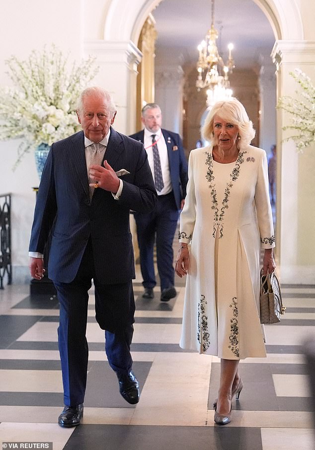 In the afternoon, Camilla wore a bespoke Anna Valentine dress with black embroidery. The renowned British designer is beloved by Camilla, and designed her wedding dress