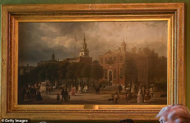The Green Room has several noteworthy paintings, including Independence Hall in Philadelphia by Ferdinand Richardt