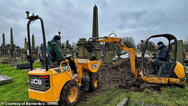 Diggers pictured restoring the grave and the large area of graves surrounding it which had sunk several feet below the ground