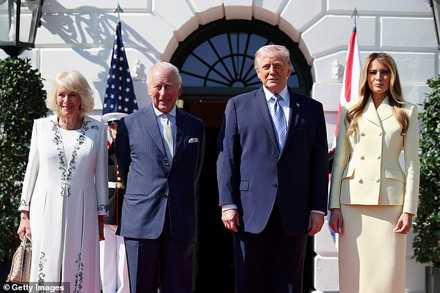 WASHINGTON, DC - APRIL 27: Queen Camilla, King Charles III, U.S. President Donald Trump and First Lady Melania Trump on day one of the State Visit of King Charles III and Queen Camilla to the United States of America, on April 27, 2026 in Washington, DC. King Charles III and Queen Camilla will visit the nation's capital, New York City, and Virginia during the trip arranged to celebrate the United States of America's 250th anniversary of its independence. (Photo by Chris Jackson/Getty Images)