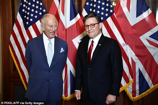 King Charles and US Speaker of the House Mike Johnson stand for photos before a Joint Meeting of Congress at the US Capitol