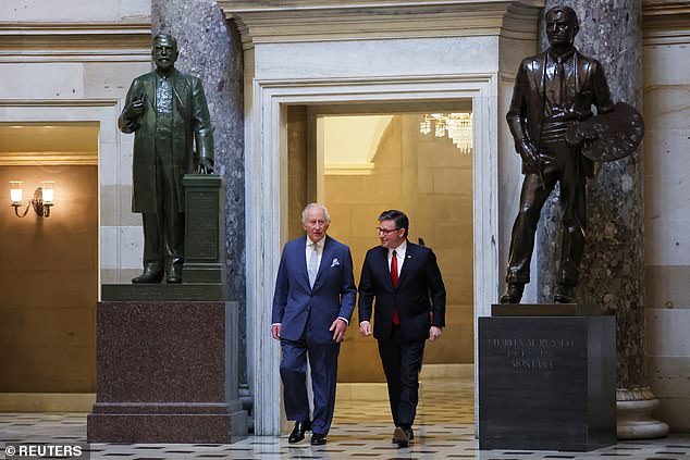 King Charles and US House Speaker Mike Johnson walk through Statuary Hall
