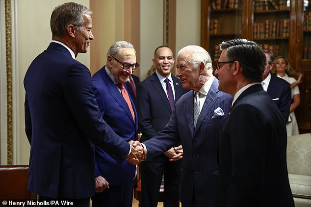 (left to right) Senate Majority Leader John Thune, Senate Minority Leader Chuck Schumer, Democratic Leader Rep. Hakeem Jeffries, King Charles III and Rep. Mike Johnson, Speaker of the House of Representatives, during the King's meeting with congressional leaders