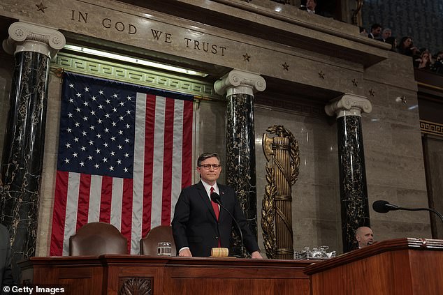 US Speaker of the House Mike Johnson arrives for Britain's King Charles' address during day two of the state visit