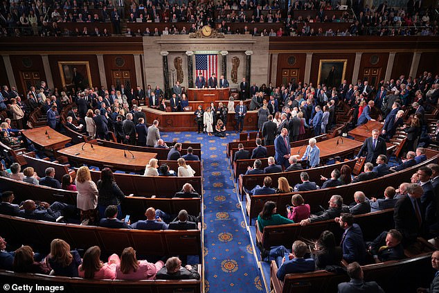 Vice President JD Vance, Speaker of the House Mike Johnson and members of Congress wait for the arrival of King Charles III