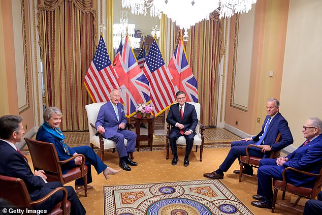 British Ambassador to the U.S. Christian Turner, Yvette Cooper, Secretary of State for Foreign, Commonwealth and Development Affairs, King Charles III, Speaker of the House Mike Johnson (R-LA), Senate Majority Leader John Thune (R-SD) and U.S. Senate Minority Leader Chuck Schumer (D-NY) attend a bicameral, bipartisan leadership meeting